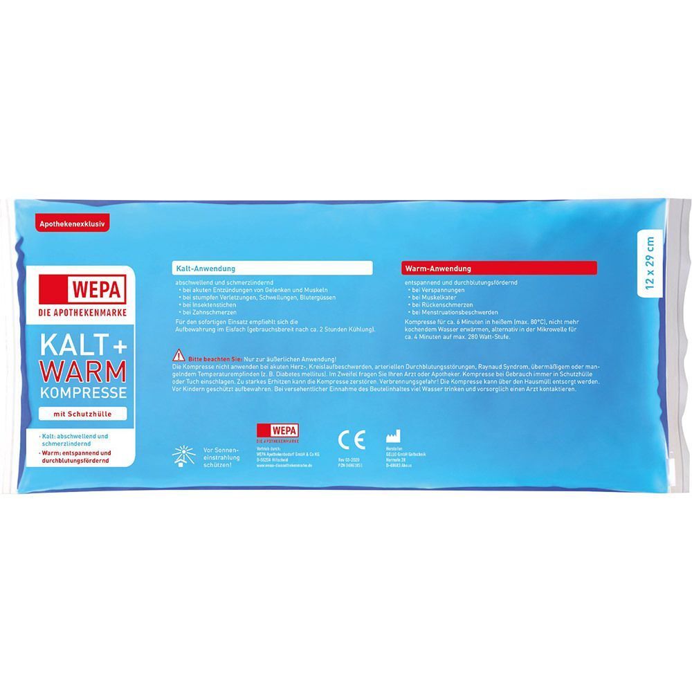 Blaue "WEPA KALT+WARM Kompresse" in Folie. 12x29 cm. Mit Schutzhülle. Text in Deutsch. Anwendungs- und Herstellerangaben.