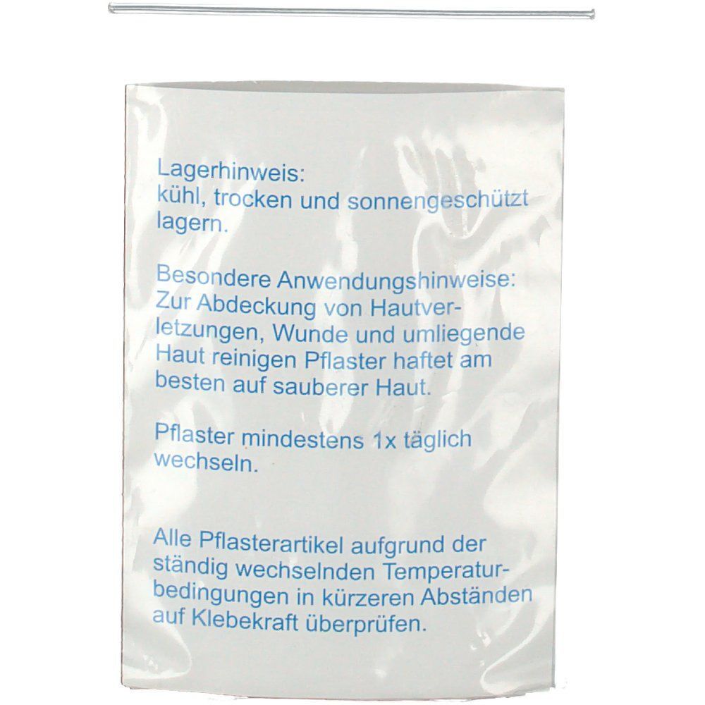 Verpackung mit Text. Lagerhinweis: kühl, trocken lagern. Anwendungshinweise: Haut reinigen. Pflaster mindestens 1x täglich wechseln.
