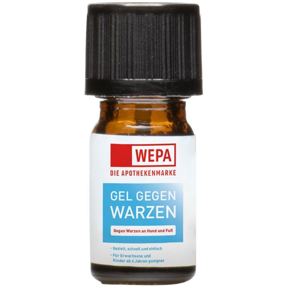 Braune Glasflasche mit schwarzem Deckel. Aufschrift: WEPA Gel gegen Warzen. Apothekenmarke.