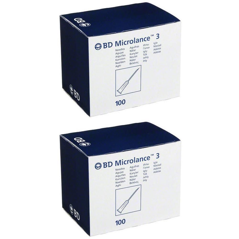 Zwei Kartons mit BD Microlance 3 Nadeln. Weiß-blaue Verpackung mit Produktabbildung und Aufschrift "100".