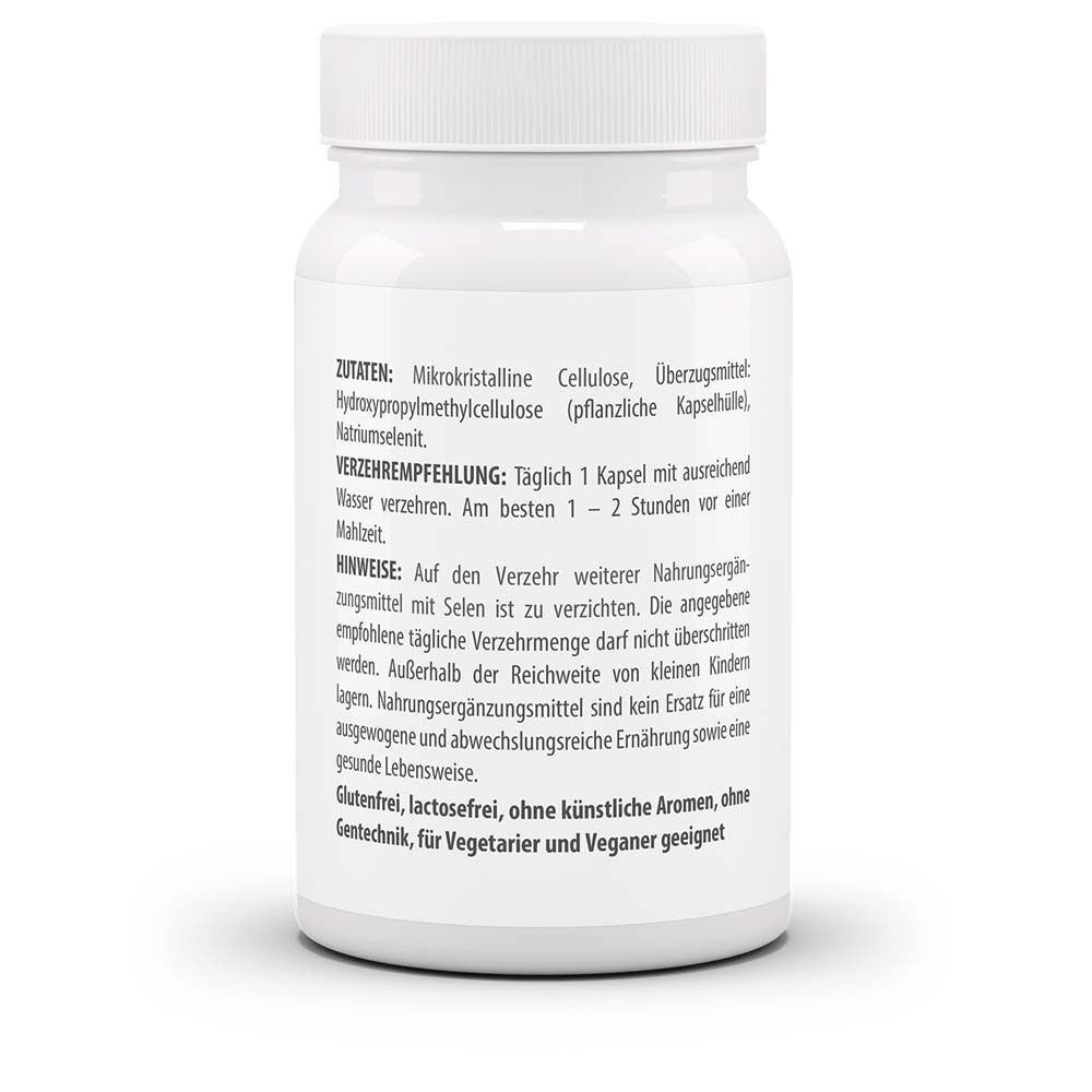 Weiße Flasche mit Zutatenliste: Mikrokristalline Cellulose, Hydroxypropylmethylcellulose. Verzehrempfehlung: 1 Kapsel täglich. Glutenfrei, lactosefrei, ohne künstliche Aromen.