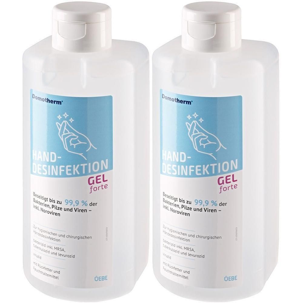 Zwei Flaschen Handdesinfektionsgel. Auf blauem Etikett: HAND-DESINFEKTION GEL forte. Marke: Domotherm. Weiße Flaschen mit weißem Klappverschluss.