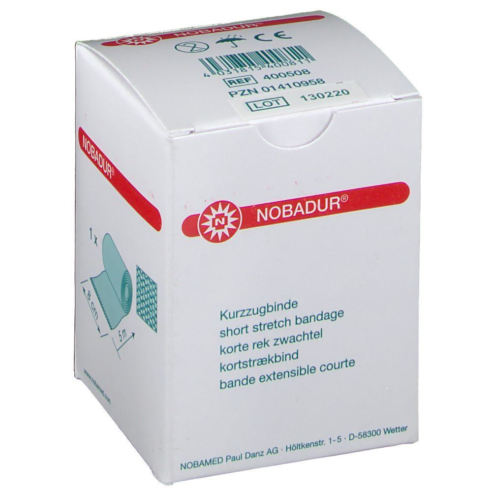 Weiße Verpackung mit rotem Logo und Produktinformationen. Enthält eine Kurzzugbinde. Text: NOBADUR®, Kurzzugbinde, short stretch bandage.