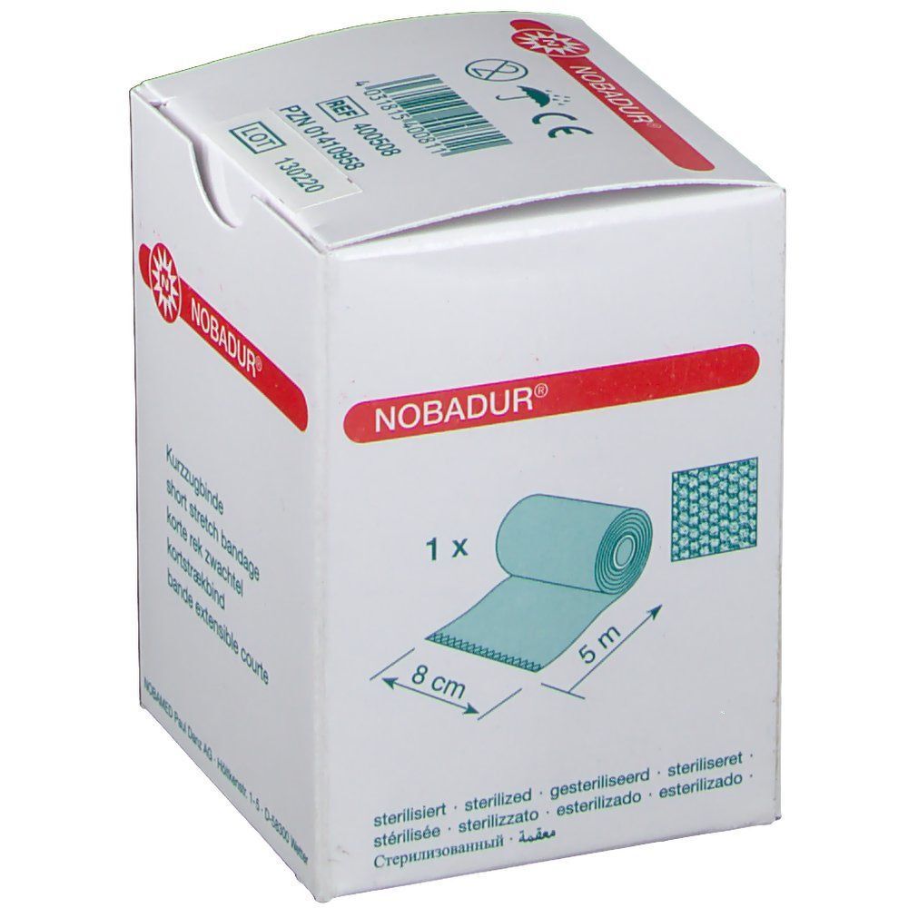 Weiße Verpackung mit rotem Logo und Produktabbildung. Zeigt eine aufgerollte Kurzzugbinde. Maße: 8 cm x 5 m. Text: NOBADUR®.