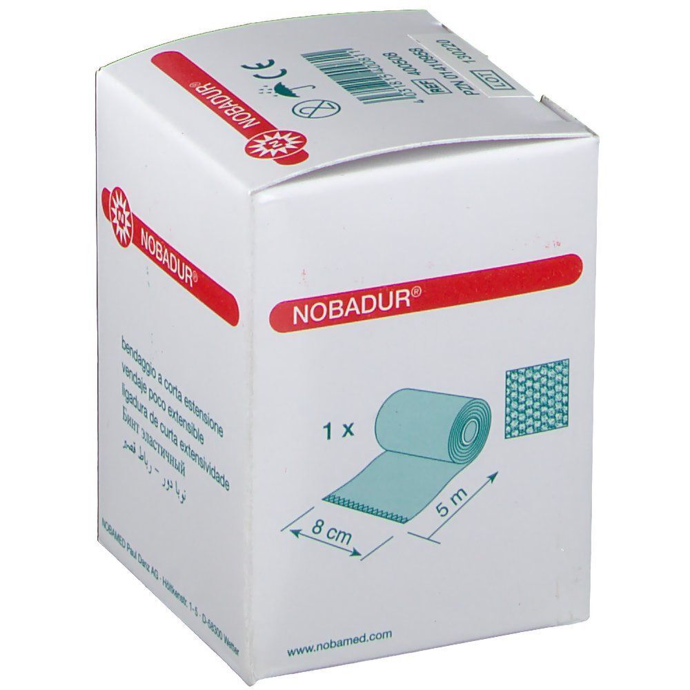 Weiße Verpackung mit rotem Logo und Produktabbildung. Zeigt eine aufgerollte Kurzzugbinde. Maße: 8 cm x 5 m. Text: NOBADUR®.