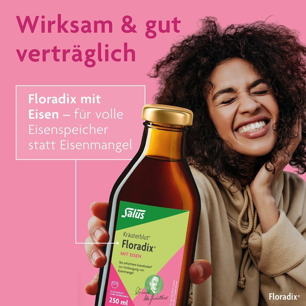 Frau hält eine Flasche Floradix Kräuterblut mit Eisen. Text: Wirksam & gut verträglich.