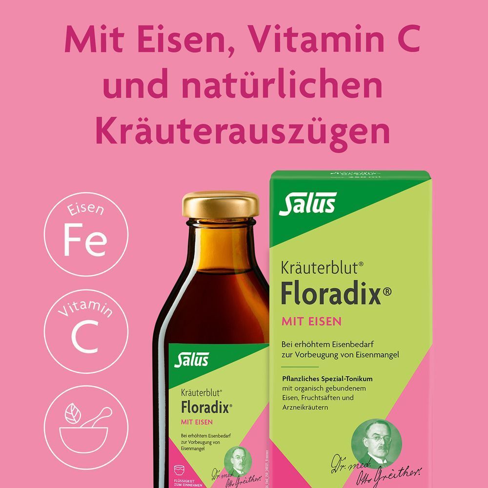 Flasche und Karton von Floradix Kräuterblut mit Eisen. Symbole für Eisen, Vitamin C und Kräuter.