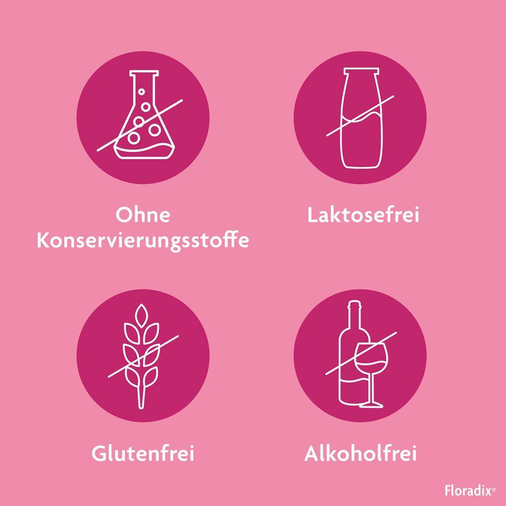 Symbole: Ohne Konservierungsstoffe, Laktosefrei, Glutenfrei, Alkoholfrei.
