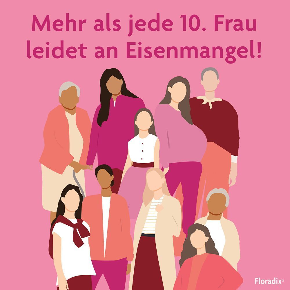 Neun Frauen unterschiedlichen Alters und Aussehens. Text: Mehr als jede 10. Frau leidet an Eisenmangel!