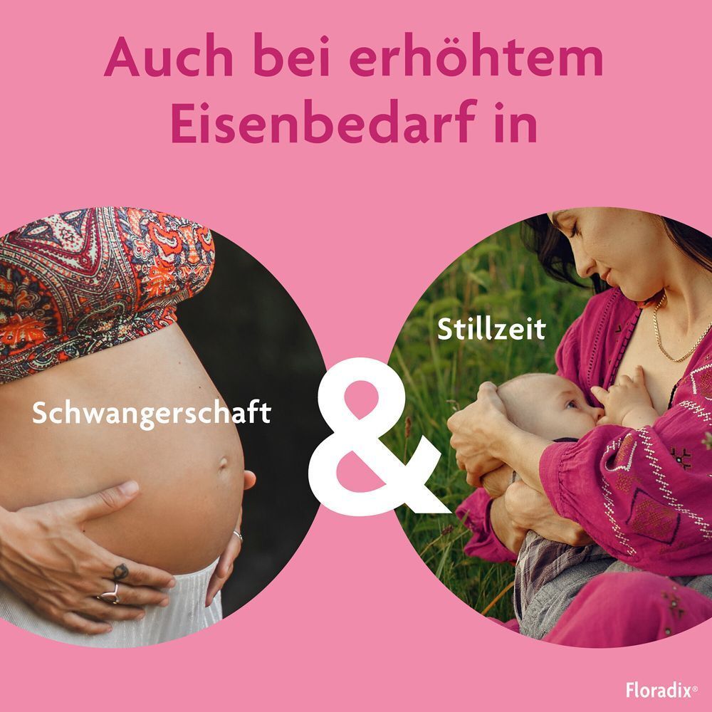 Bauch einer schwangeren Frau und stillende Mutter. Text: Auch bei erhöhtem Eisenbedarf in Schwangerschaft & Stillzeit.