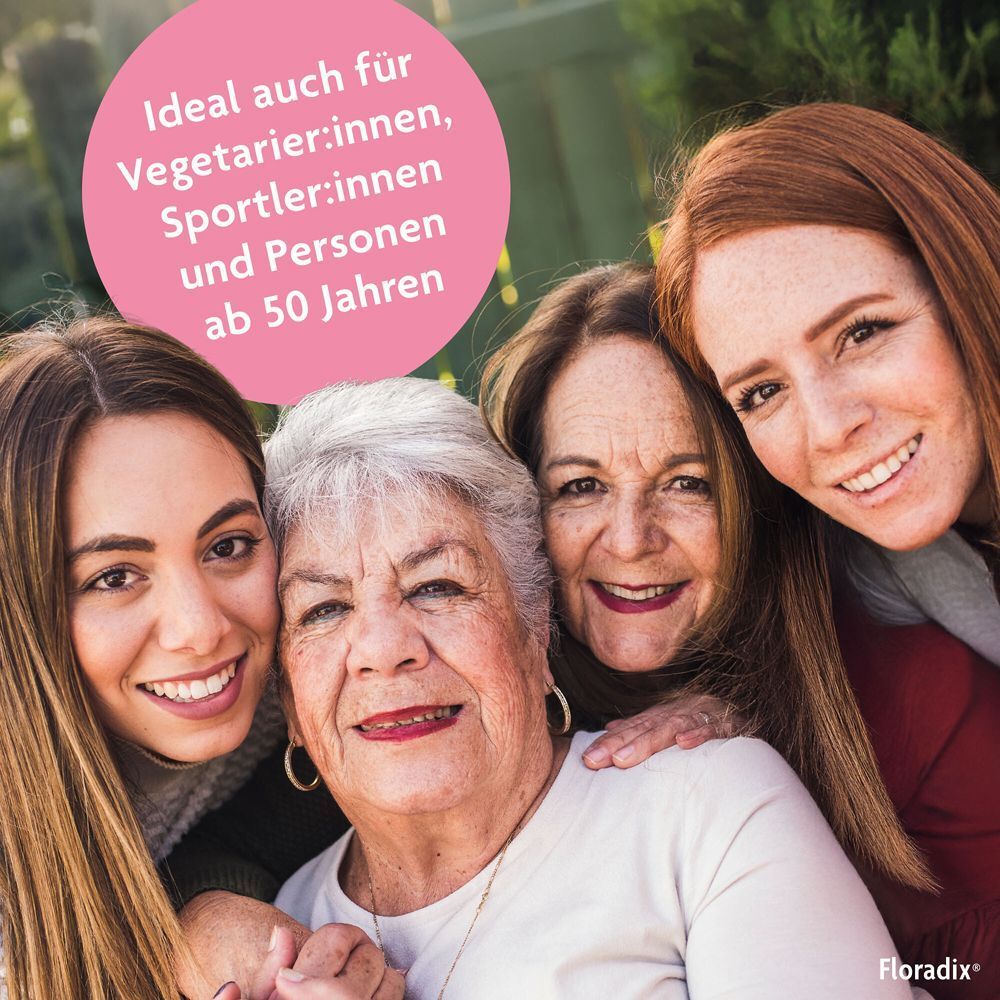 Vier Frauen unterschiedlichen Alters. Text: Ideal auch für Vegetarier:innen, Sportler:innen und Personen ab 50 Jahren.
