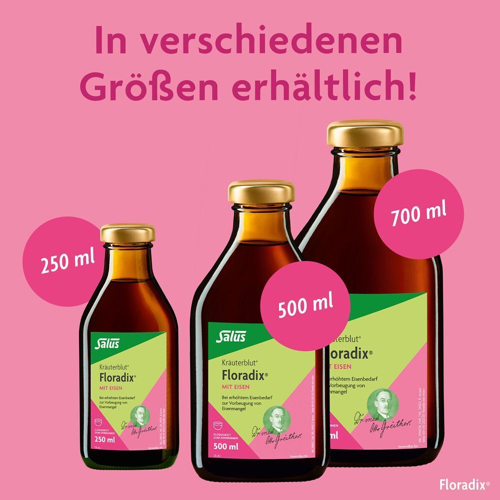 Drei Flaschen Floradix Kräuterblut mit Eisen in Größen 250 ml, 500 ml und 700 ml.