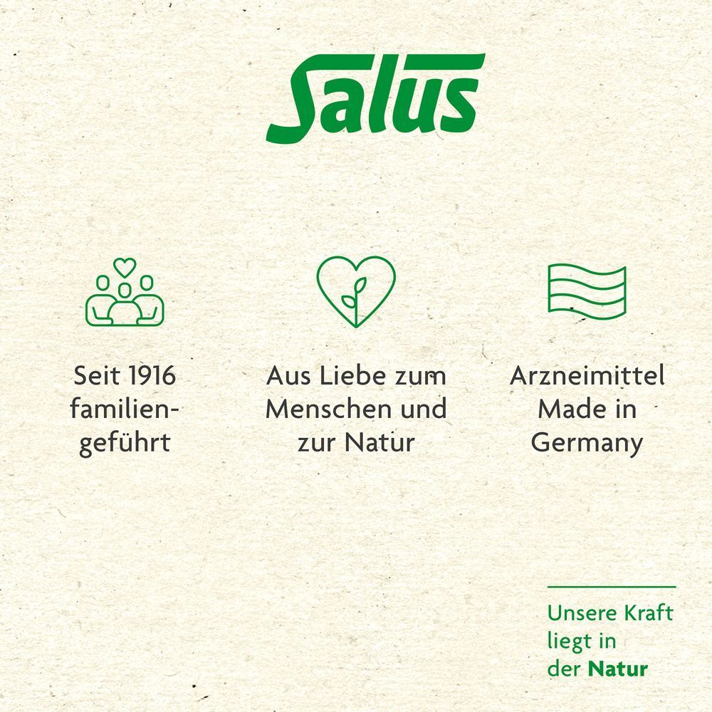 Salus Logo. Symbole: Familiengeführt seit 1916, Aus Liebe zum Menschen und zur Natur, Arzneimittel Made in Germany.