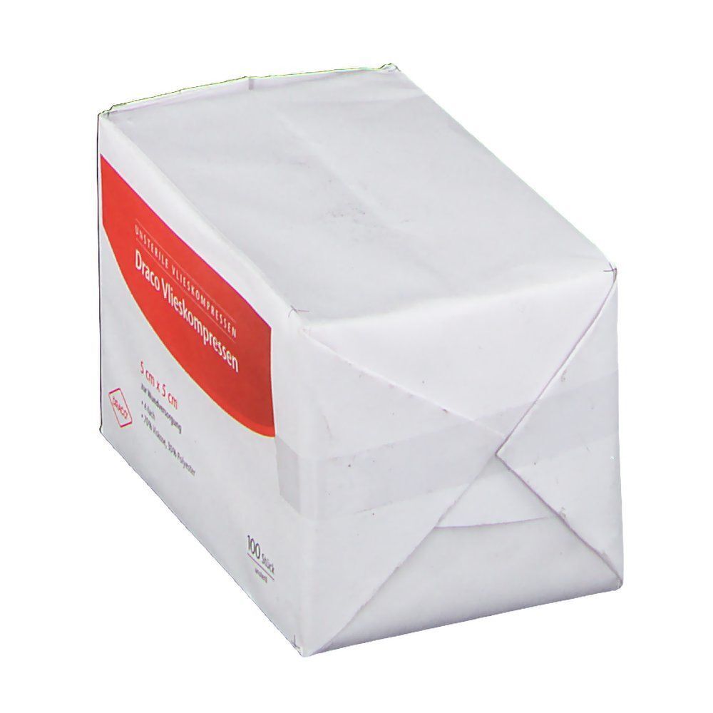 Weiße Verpackung mit roter Beschriftung. Aufschrift: Draco Vlieskompressen, 5 x 5 cm, unsteril. 100 Stück. Produktansicht von der Seite.