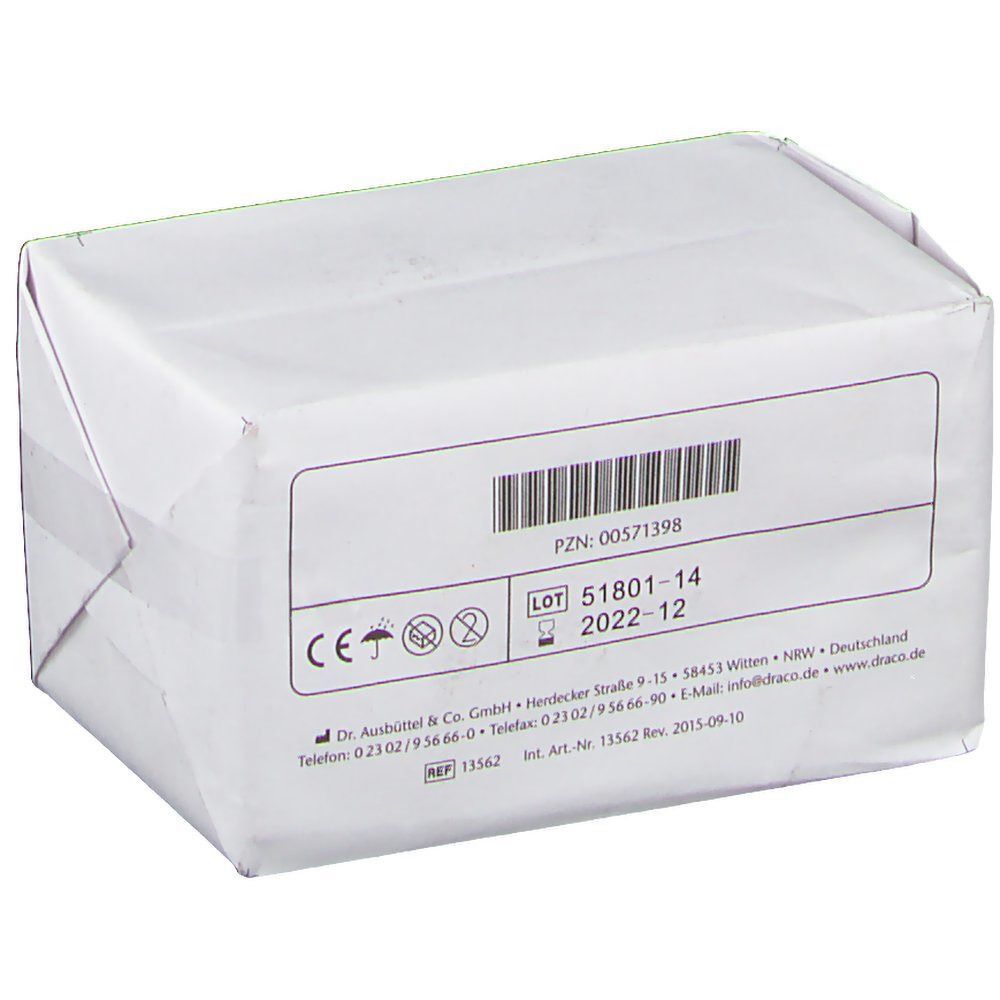 Weiße Verpackung mit Etikett. Barcode, Chargennummer, Verfallsdatum. Aufdruck: CE-Zeichen. Herstelleradresse.