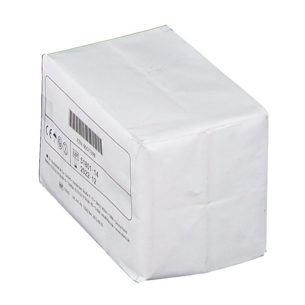 Weiße Verpackung mit Etikett. Barcode, Chargennummer, Verfallsdatum. Aufdruck: CE-Zeichen. Herstelleradresse.