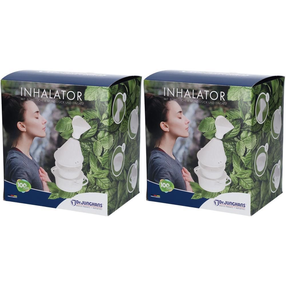 Zwei Kartons mit Inhalator-Abbildung. Aufdruck: INHALATOR, Dr. Junghans. Frau atmet ein. Grünpflanzen-Hintergrund.