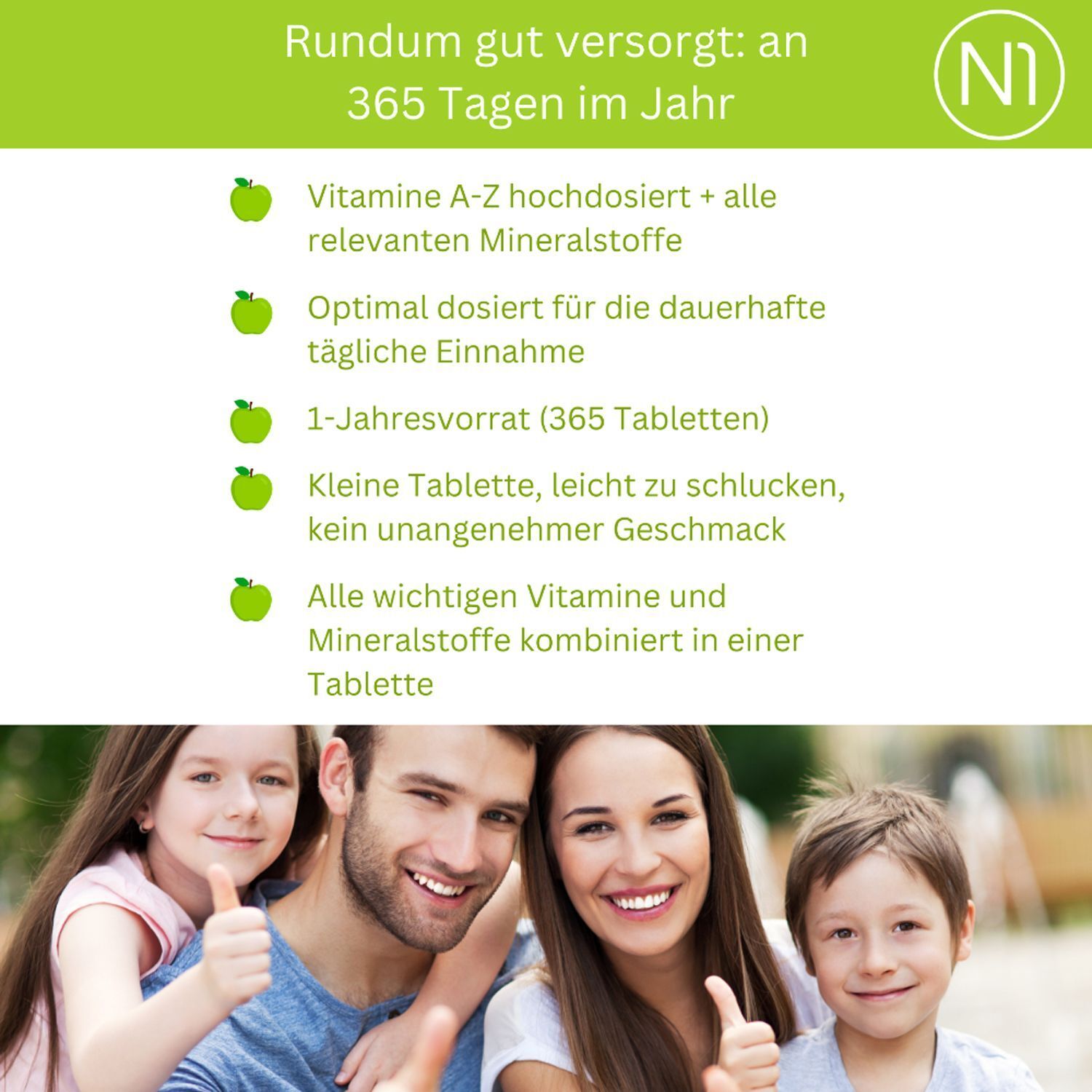 Text mit grünen Icons und Familie. Text: Rundum gut versorgt: an 365 Tagen im Jahr. N1 Logo.