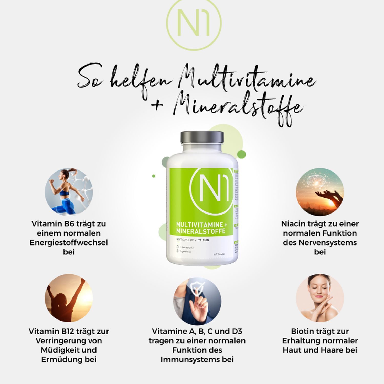 Eine Flasche N1 Multivitamine + Mineralstoffe. Text und Icons, die die Vorteile des Produkts hervorheben.