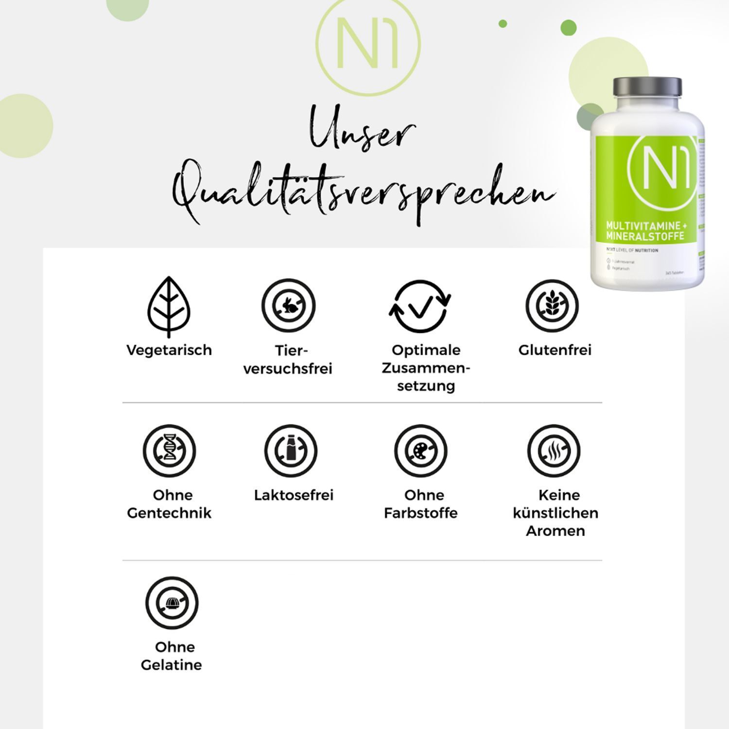 N1 Multivitamine + Mineralstoffe Flasche und Icons. Text: Unser Qualitätsversprechen. Icons: vegetarisch, tierversuchsfrei etc.
