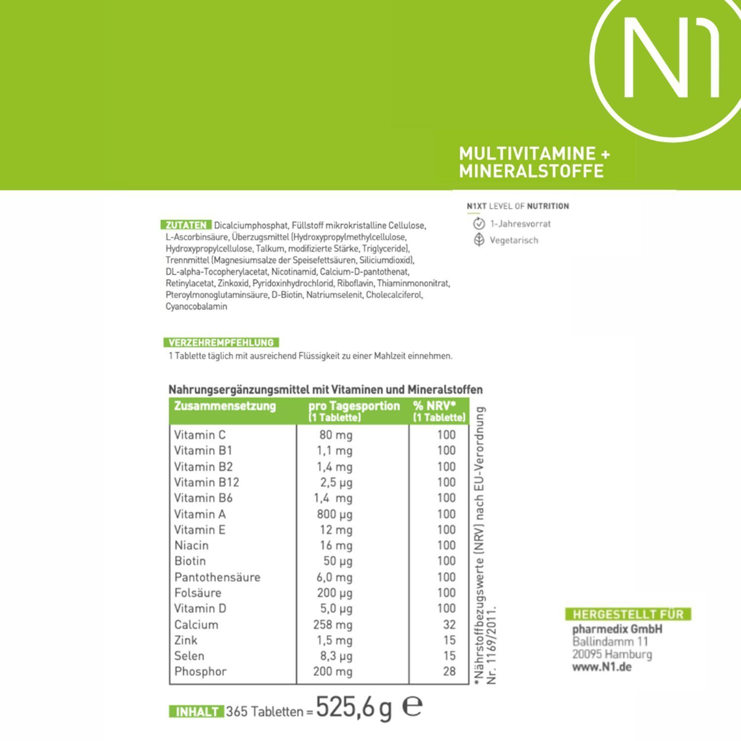 Nährwerttabelle für N1 Multivitamine + Mineralstoffe. Enthält Informationen zu Vitaminen und Mineralstoffen.