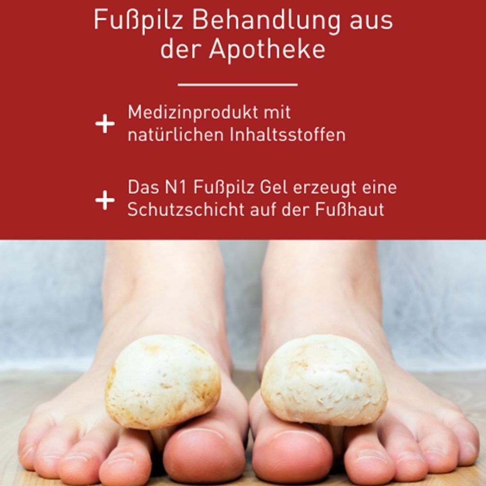 Füße mit Pilzen. Text: Fußpilz Behandlung aus der Apotheke. Medizinprodukt mit natürlichen Inhaltsstoffen. N1 Fußpilz Gel.