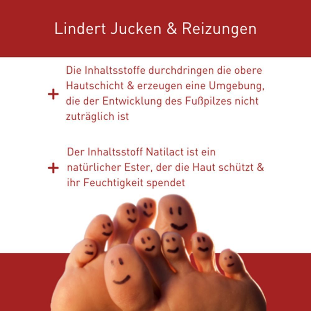 Füße mit Smileys. Text: Lindert Jucken & Reizungen. Inhaltsstoffe dringen ein. Natilact schützt die Haut.