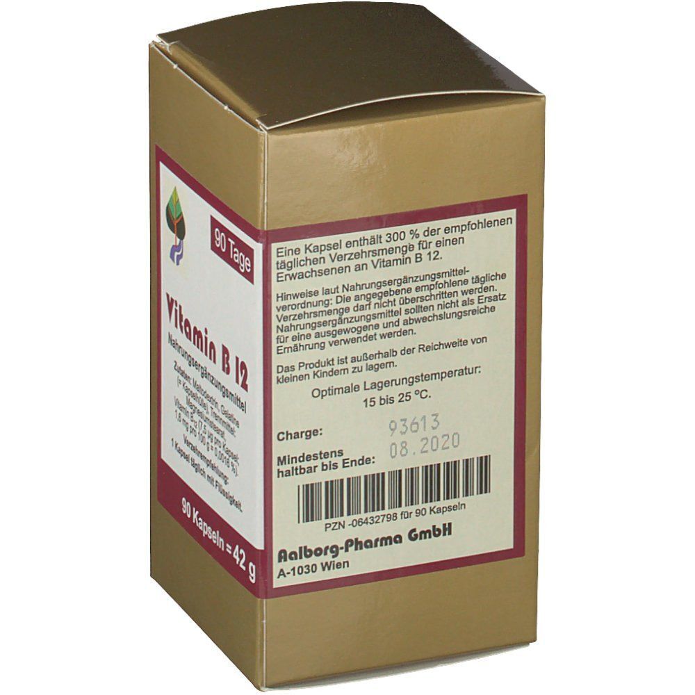 Goldfarbener Karton mit rotem Etikett. Aufschrift Vitamin B12, 90 Tage Kapseln. Produktinformationen und Mindesthaltbarkeitsdatum.