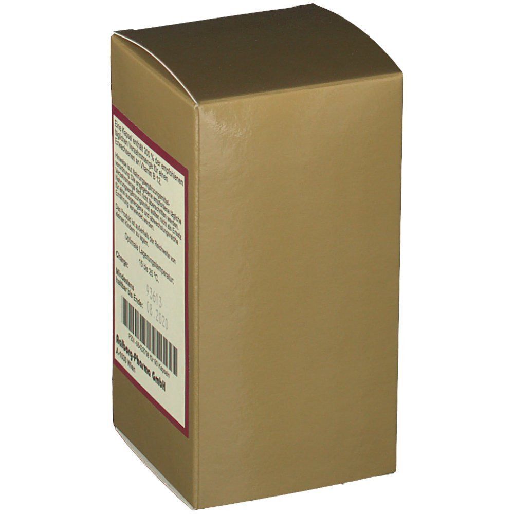 Goldfarbener Karton mit rotem Etikett. Produktinformationen und Mindesthaltbarkeitsdatum. Aufschrift Vitamin B12.