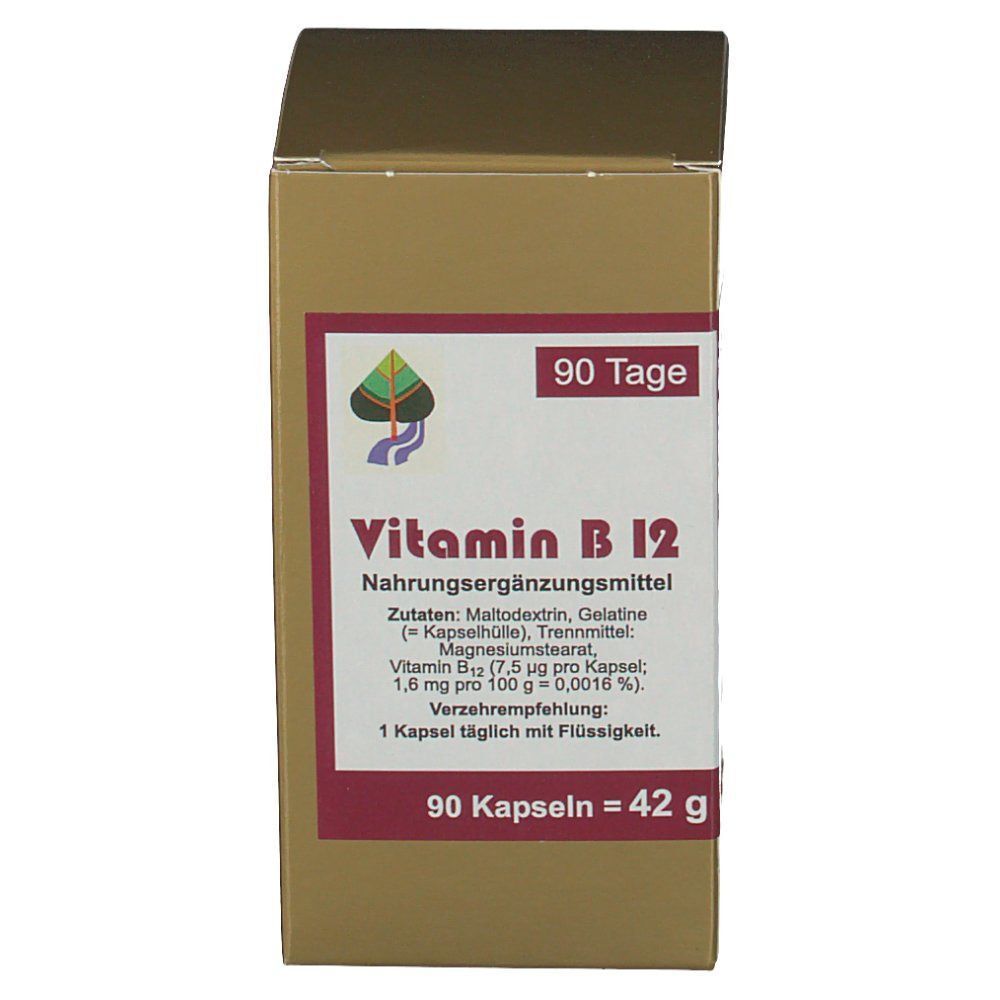 Goldfarbener Karton mit rotem Etikett. Aufschrift Vitamin B12, 90 Tage Kapseln. Produktinformationen.