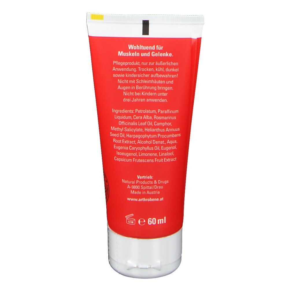 Rückseite der Arthrobene Muskelsalbe rot Tube. Rote Tube mit weißem Deckel. Aufschrift: Inhaltsstoffe, 60 ml. Hergestellt in Österreich.