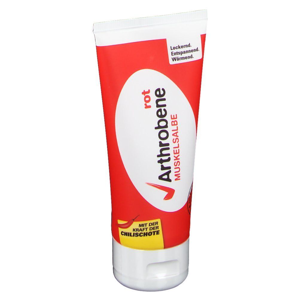 Arthrobene Muskelsalbe rot Tube. Rote Tube mit weißem Deckel. Aufschrift: Arthrobene, Muskelsalbe, rot. Mit Chili-Extrakt.