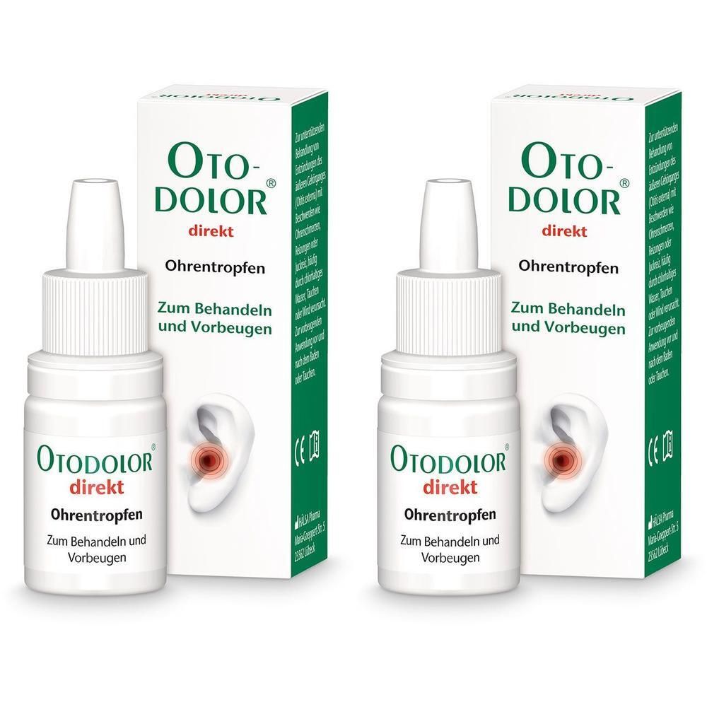 Zwei Packungen Otodolor® direkt Ohrentropfen mit Tropfflaschen und Faltschachteln. Abbildung eines Ohres mit rotem Fokus.