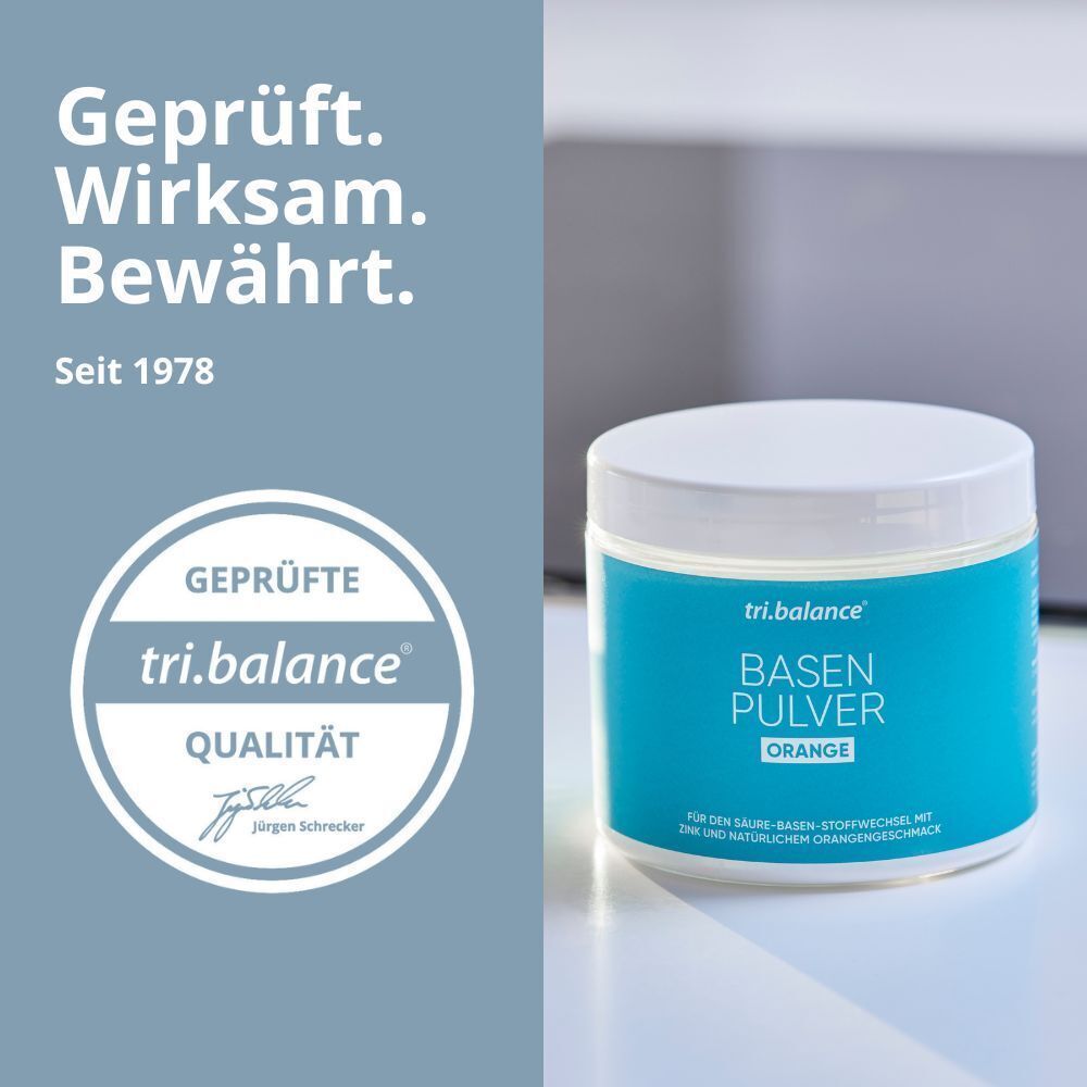 Dose TRI.BALANCE Basenpulver ORANGE. Text: Geprüft. Wirksam. Bewährt. tri.balance Qualität. Seit 1978.