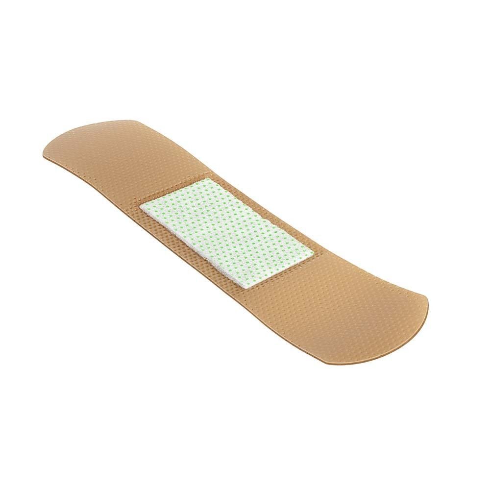 Einzelnes Pflaster. Beige mit grünem Wundkissen. Abgerundete Ecken.