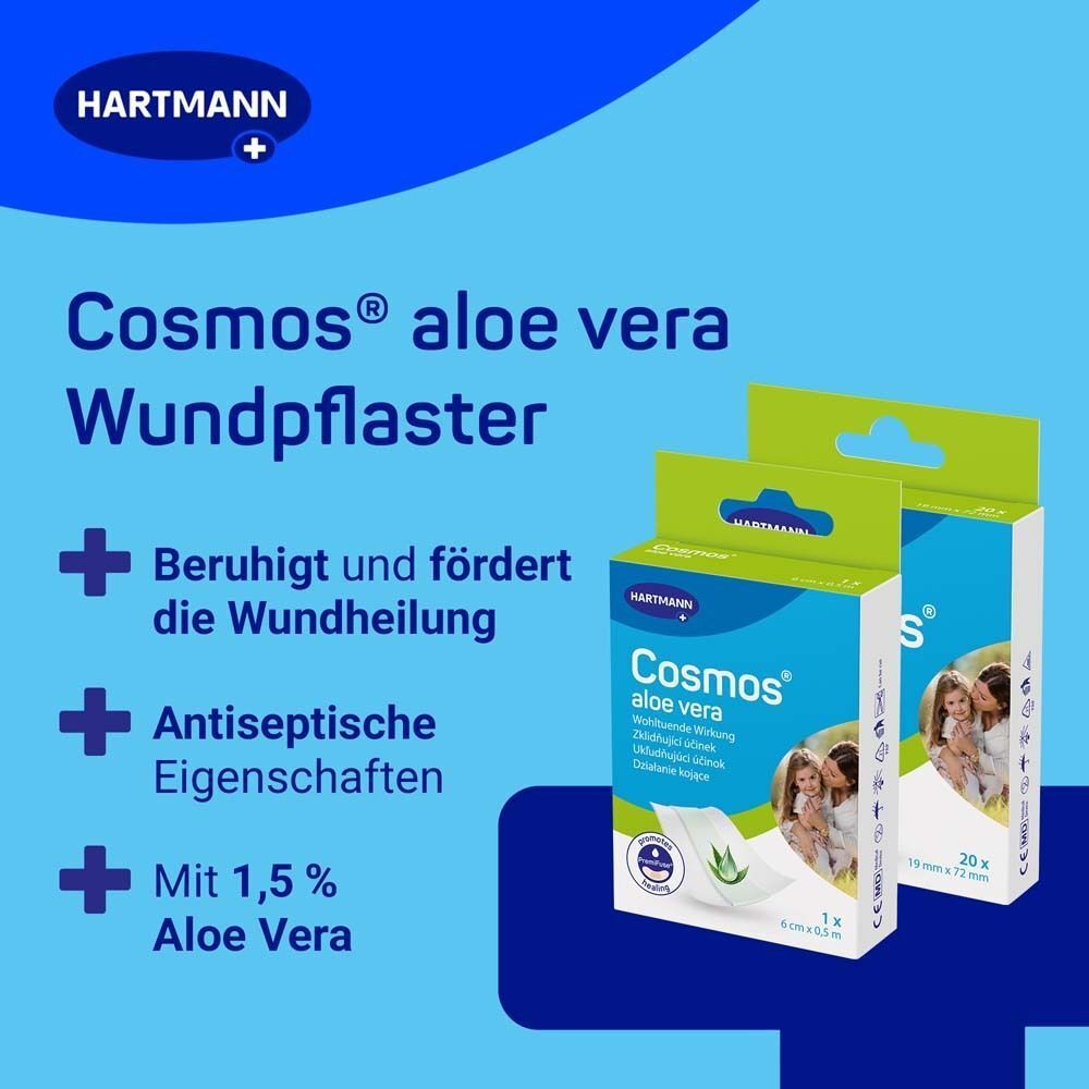 COSMOS Aloe Vera Wundpflaster. Zwei Packungen. Blaue Verpackung mit Produktnamen und Text. 20 Pflaster pro Packung.