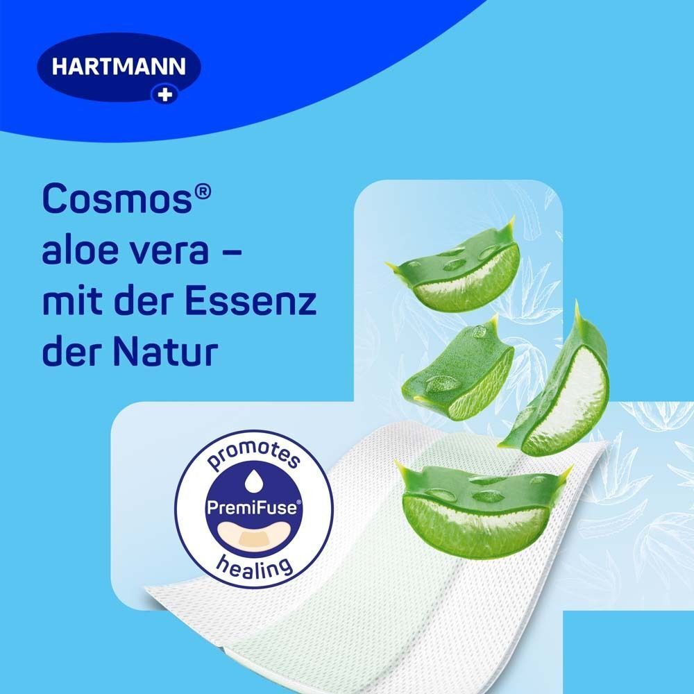 Illustration von Aloe Vera. Grünes Blatt, Wundkissen und Tropfen. Blauer Hintergrund.