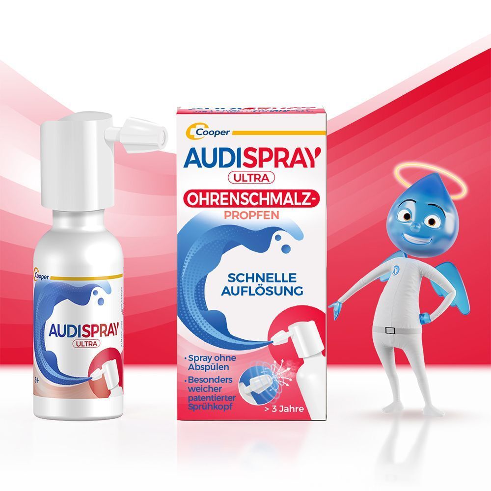 Eine Flasche und Verpackung von AUDISPRAY ultra. Weiße Flasche mit Sprühkopf, neben einer Box und einer Cartoon-Figur.