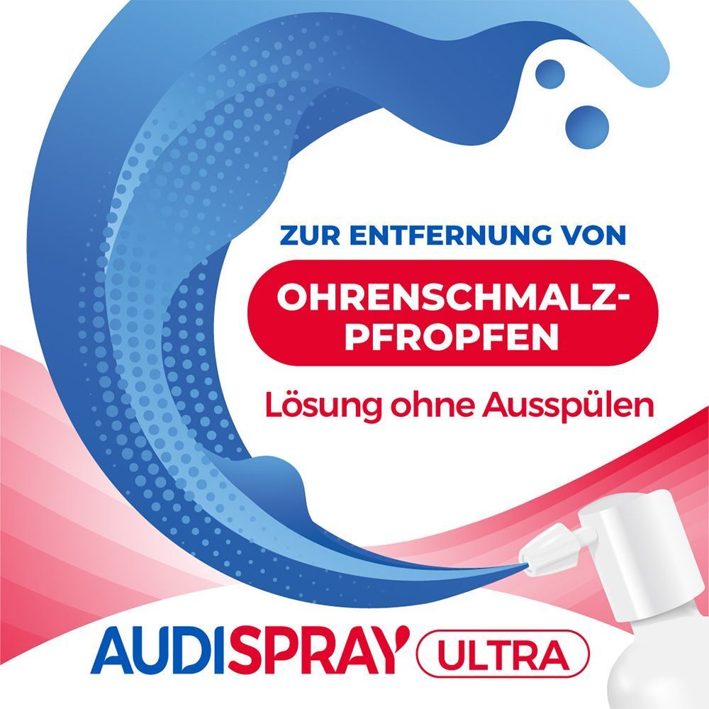 Nahaufnahme des AUDISPRAY ultra Sprühkopfes. Text: Zur Entfernung von Ohrenschmalzpfropfen. Lösung ohne Ausspülen.
