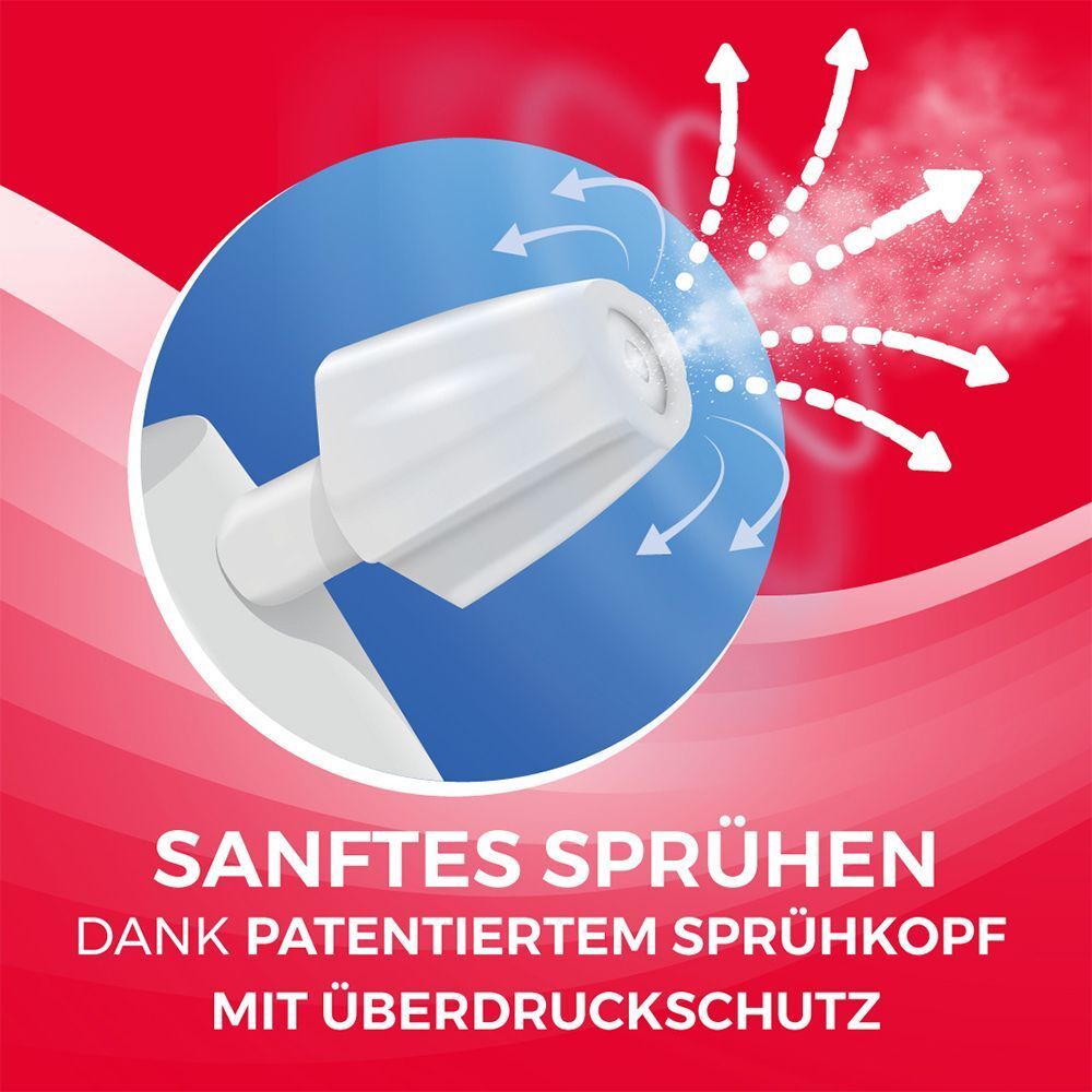 Nahaufnahme des Sprühkopfes. Text: Sanftes Sprühen dank patentiertem Sprühkopf mit Überdruckschutz.