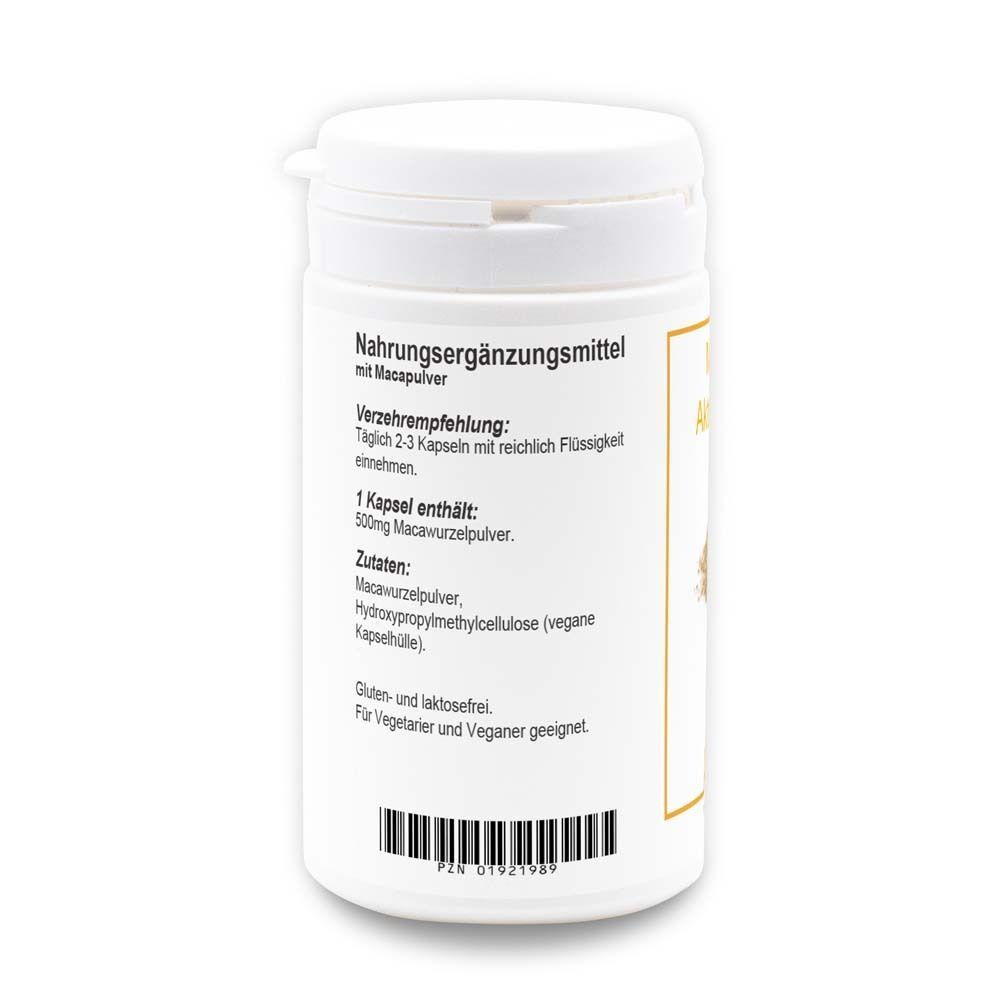 Weiße Pillendose mit Etikett. Text: Nahrungsergänzungsmittel. Zutaten, Verzehrempfehlung. Gluten- und laktosefrei. Für Vegetarier und Veganer geeignet.