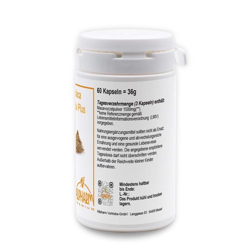 Weiße Pillendose mit Etikett. Text: 60 Kapseln = 36g. Tagesverzehrmenge. Mindestens haltbar bis Ende. Kühl und trocken lagern.