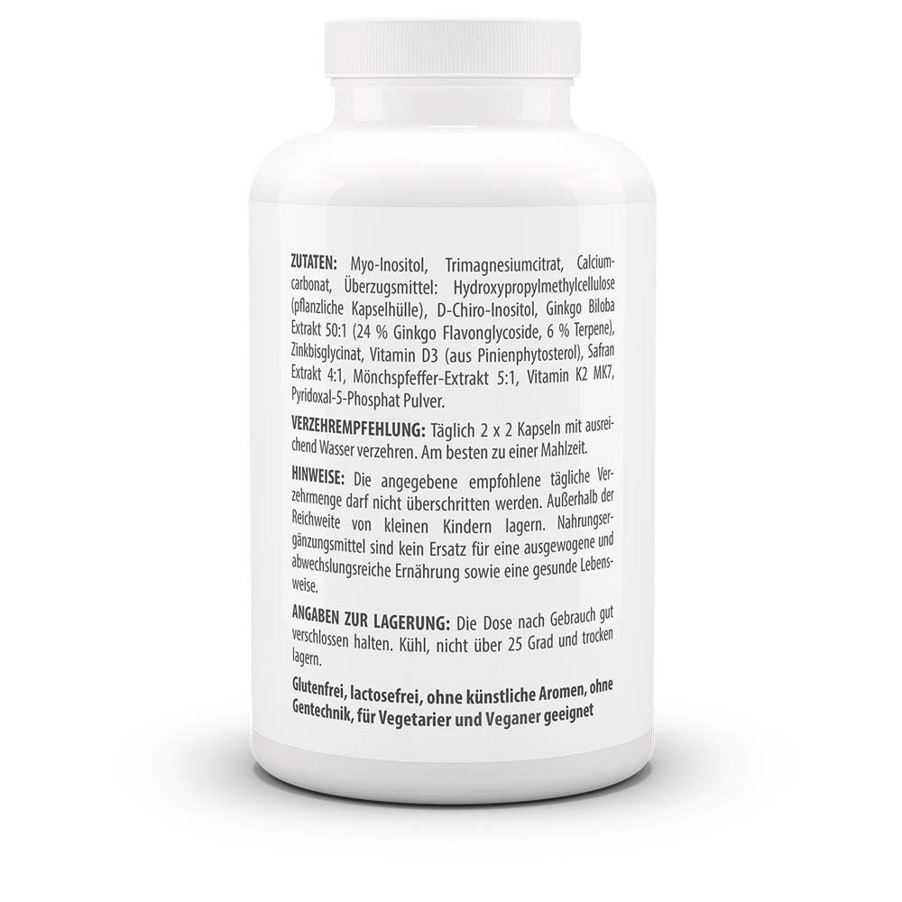 Weiße Flasche mit Text über Zutaten, Verzehrempfehlung, Hinweise und Lagerung. Glutenfrei, lactosefrei, vegan.