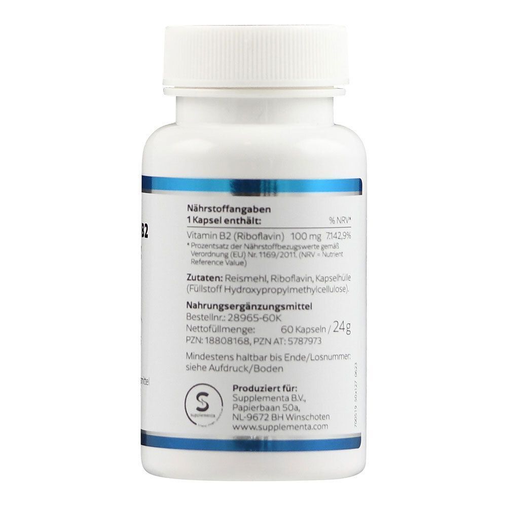 Weiße Flasche mit blauer Beschriftung. Aufschrift: Vitamin B2 100 mg. Enthält 60 Kapseln. Hersteller: Supplementa B.V.