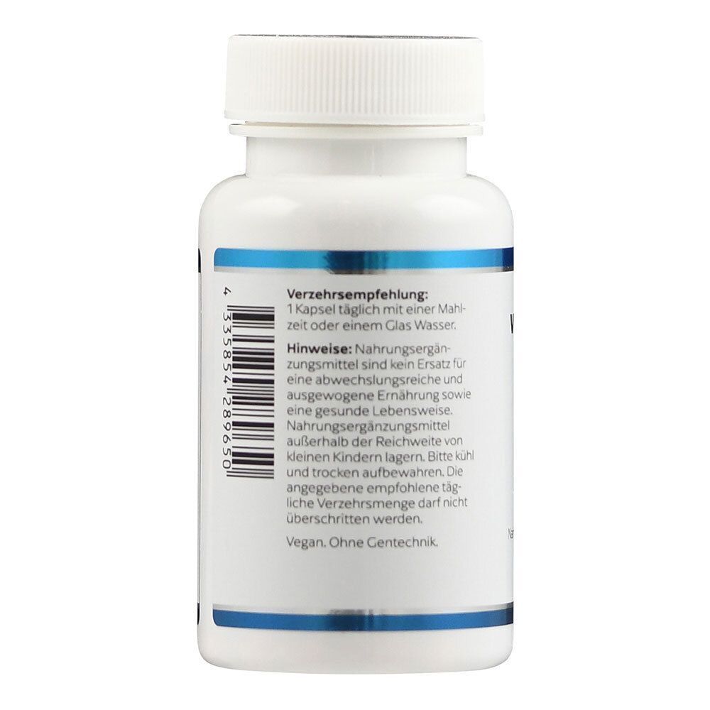 Weiße Flasche mit blauer Beschriftung. Rückseite mit Text. Hersteller: Supplementa B.V. Vegan. Ohne Gentechnik.