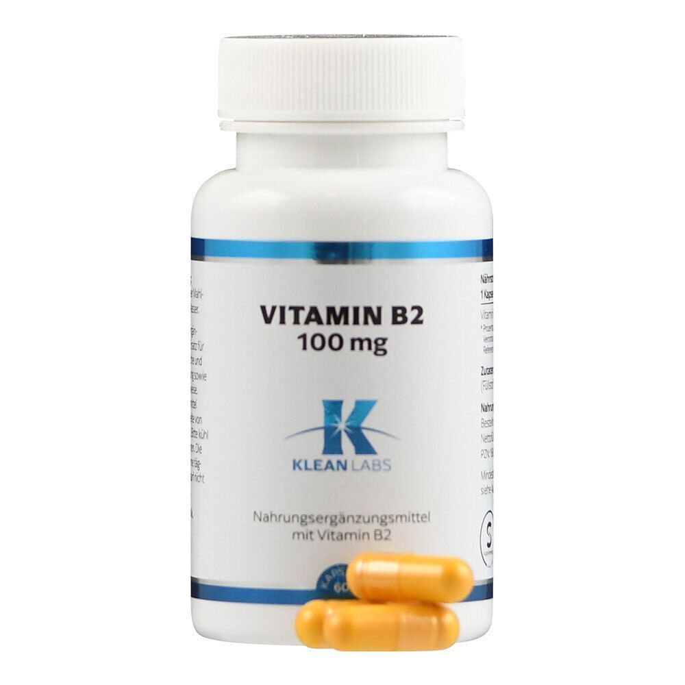 Weiße Flasche mit blauer Beschriftung. Aufschrift: Vitamin B2 100 mg. KLEAN LABS. 3 Kapseln liegen daneben.