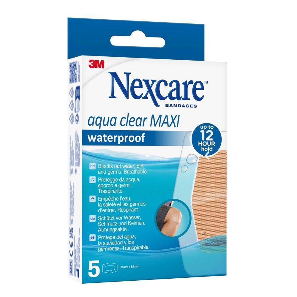 Verpackung Nexcare Aqua Clear Maxi Pflaster. Wasserdicht. 5 Pflaster. Aufdruck: bis zu 12 Stunden Halt. Marke: Nexcare.