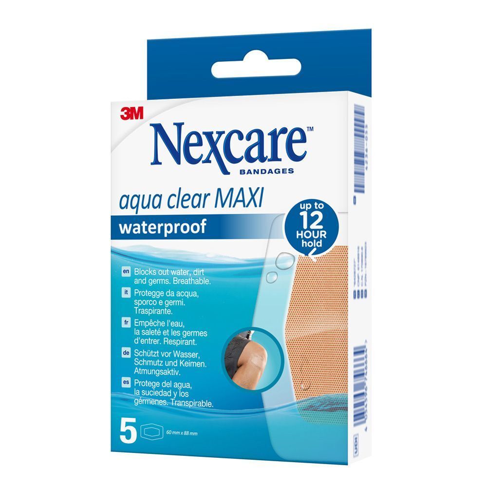 Verpackung Nexcare Aqua Clear Maxi Pflaster. Wasserdicht. 5 Pflaster. Aufdruck: bis zu 12 Stunden Halt. Marke: Nexcare.