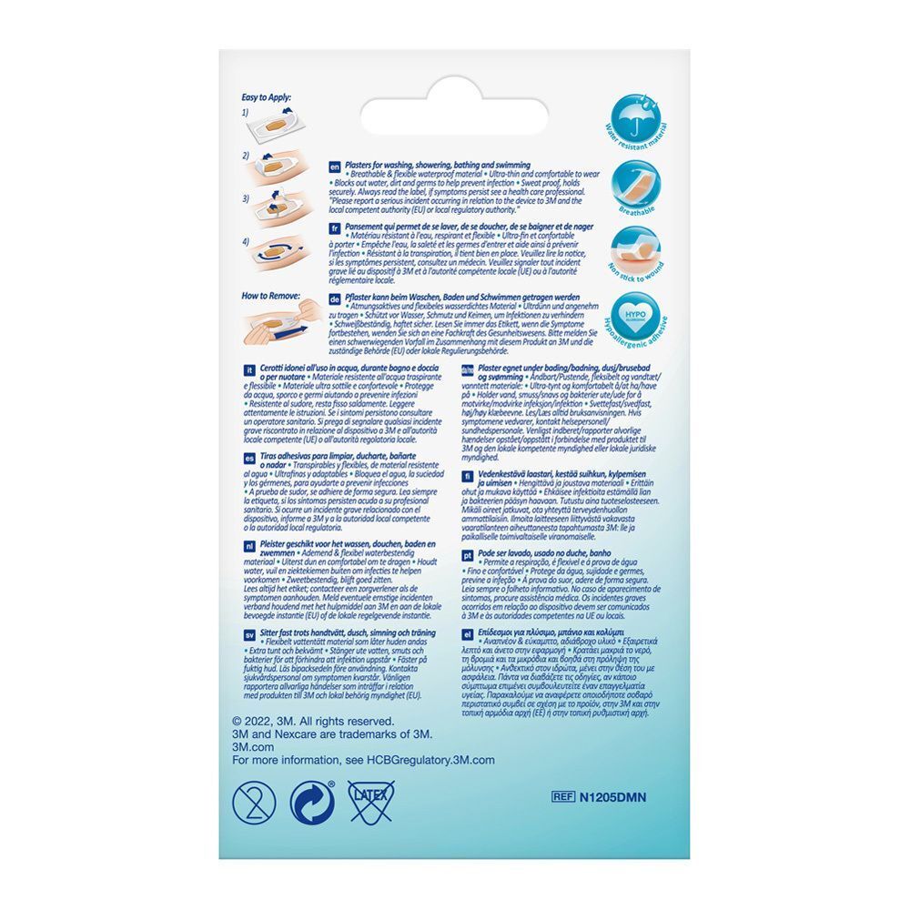 Rückseite der Verpackung Nexcare Aqua Clear Maxi Pflaster. Anwendungsbeispiele und Informationen in mehreren Sprachen.