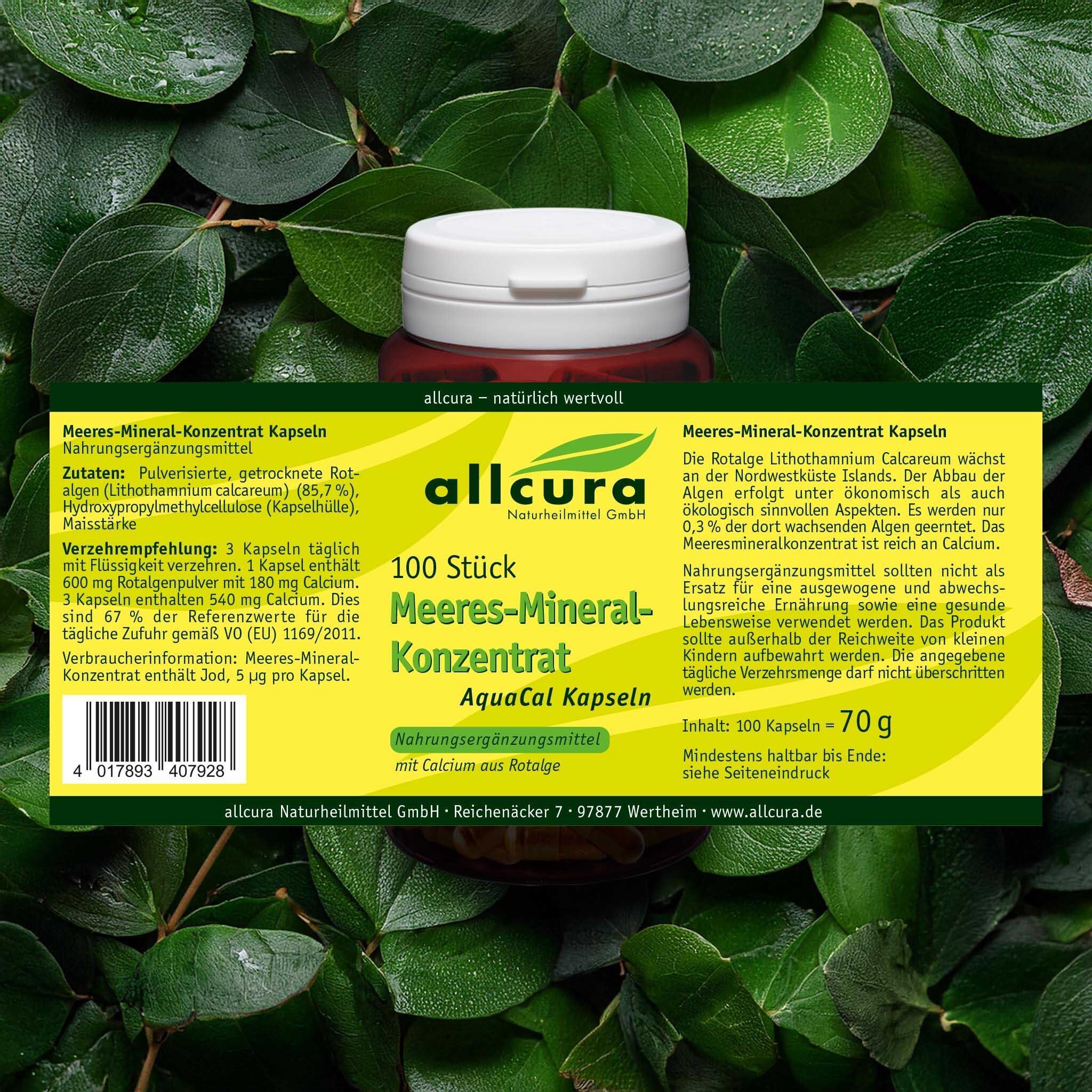 Flasche mit Kapseln, umgeben von Blättern. Aufschrift: allcura, 100 Stück Meeres-Mineral-Konzentrat, AquaCal Kapseln. Etikett mit Inhaltsangaben.